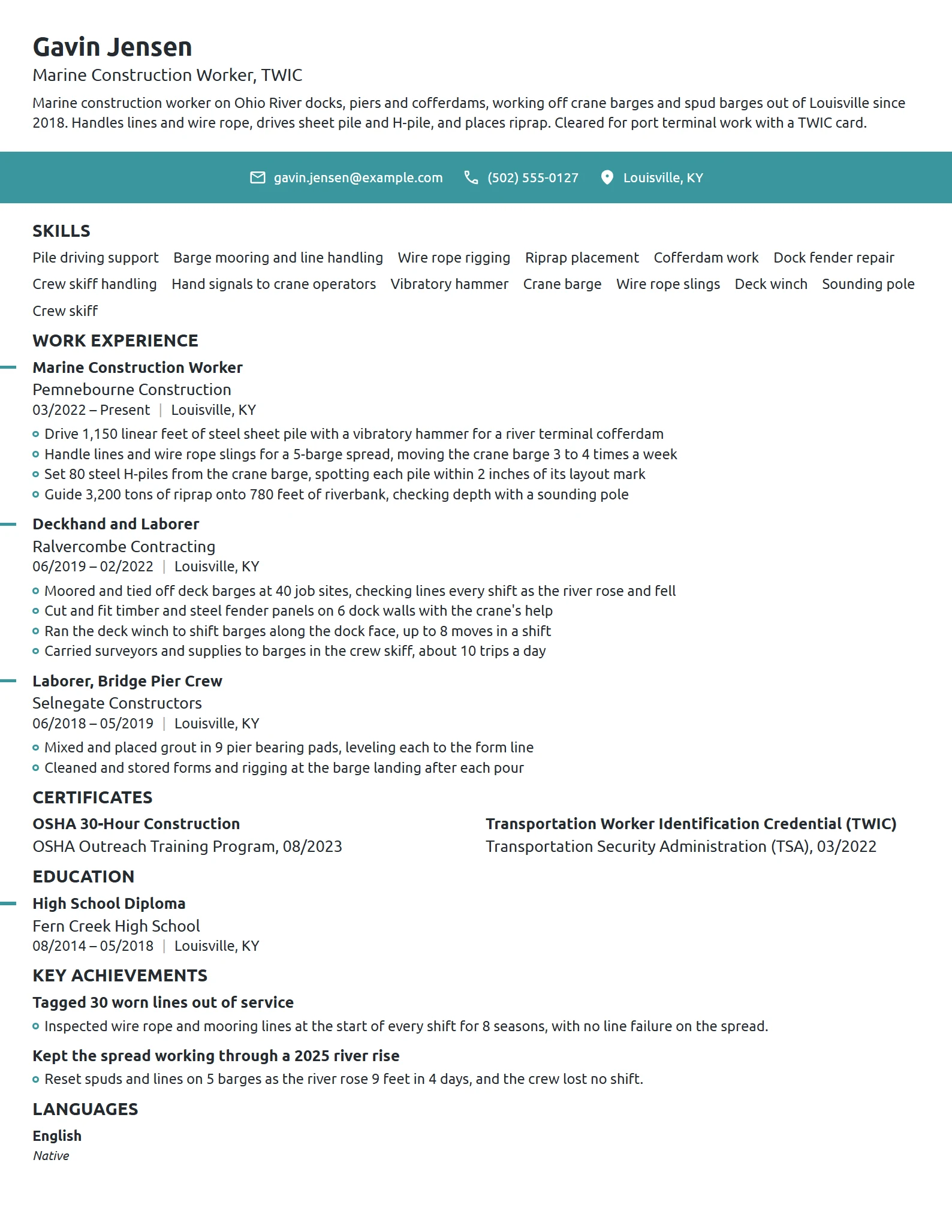 Marine Construction Worker resume example