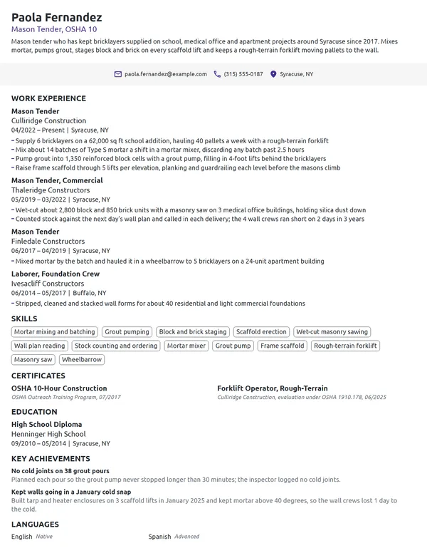 Mason Tender resume example