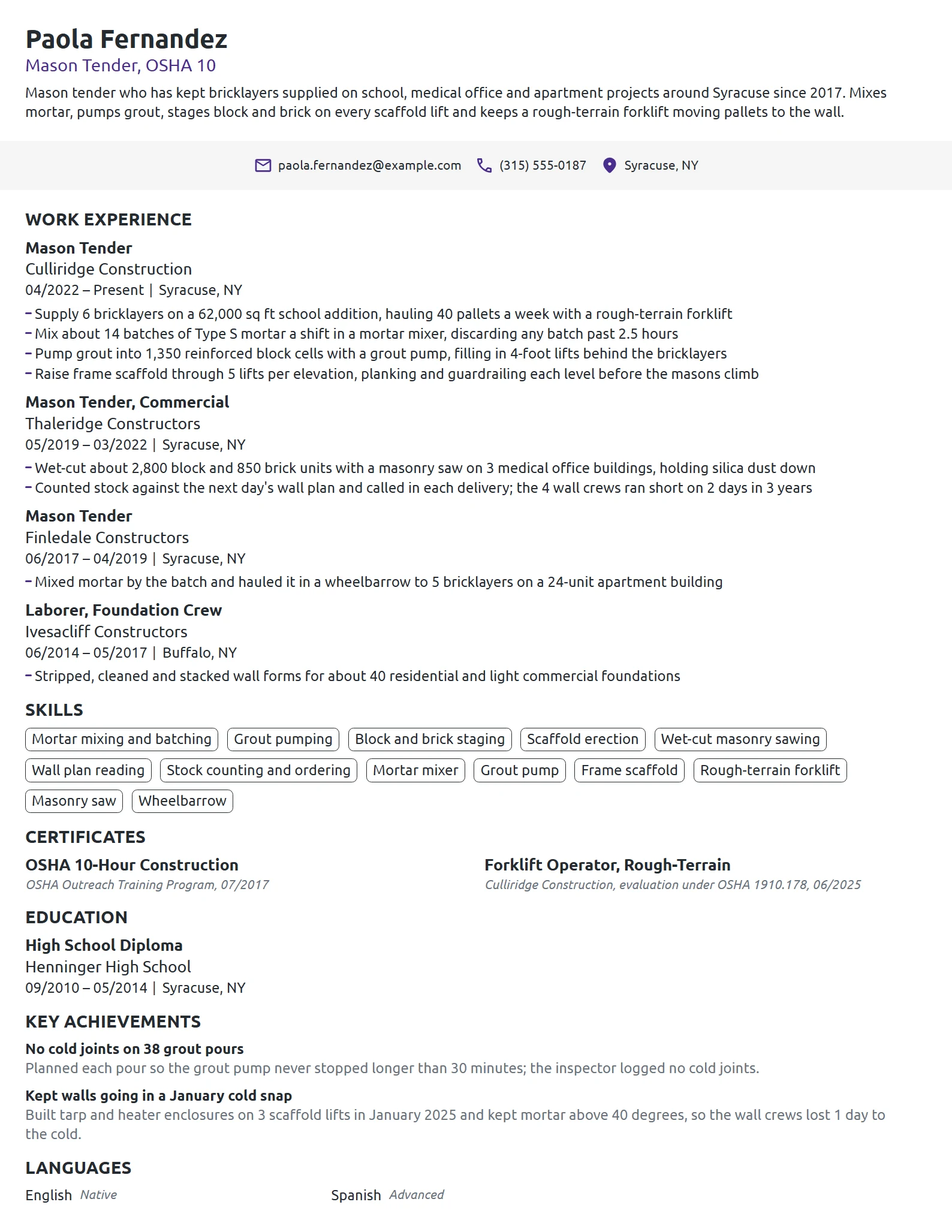 Mason Tender resume example