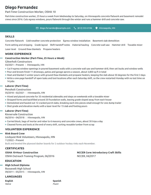 Part-Time Construction Worker resume example