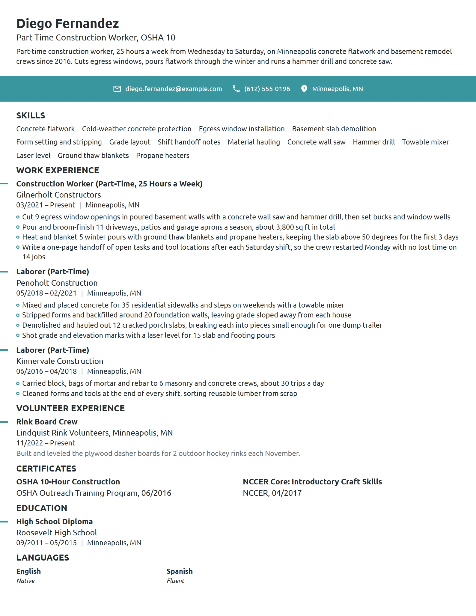 Part-Time Construction Worker resume example