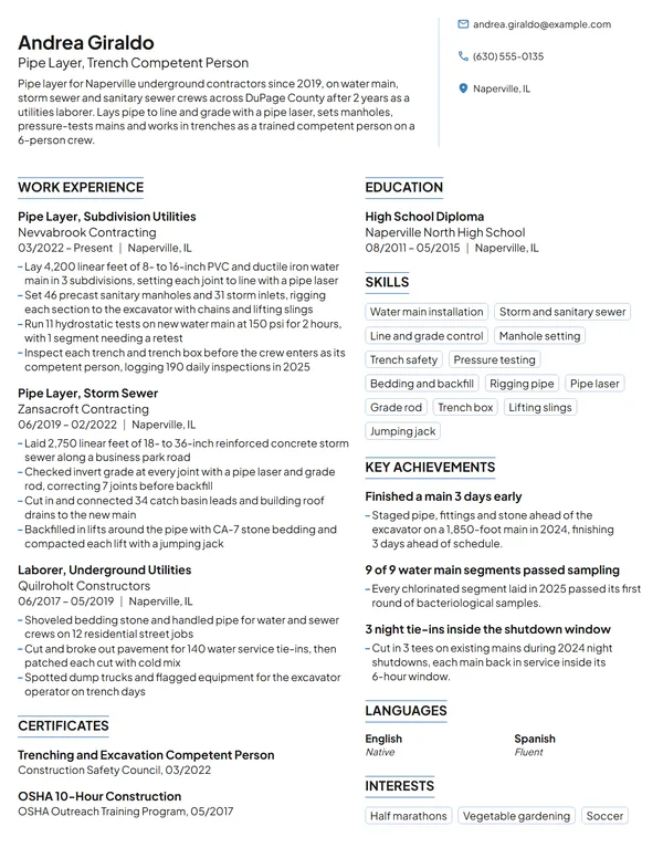 Pipe Layer resume example