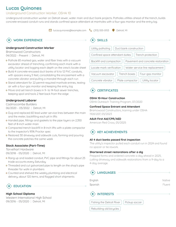 Underground Construction Worker resume example