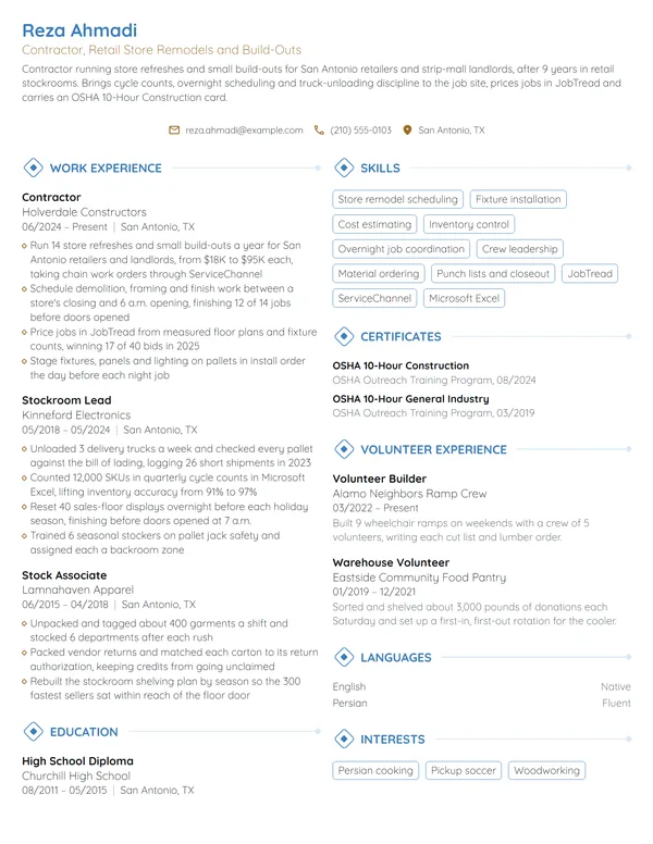 Career Change Contractor resume example