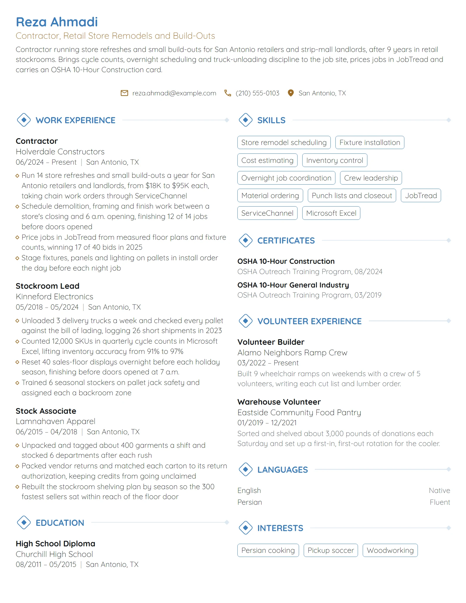 Career Change Contractor resume example