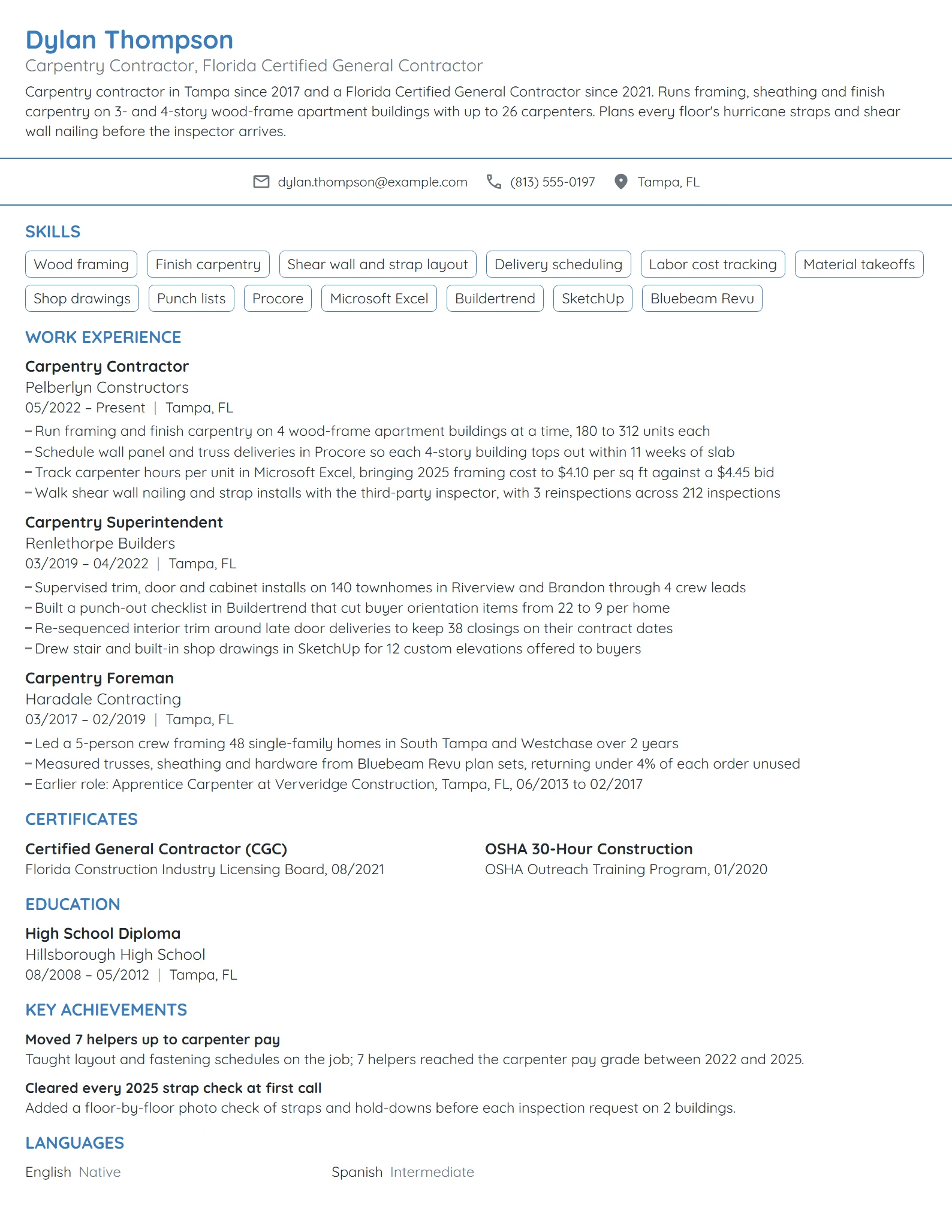 Carpentry Contractor resume example