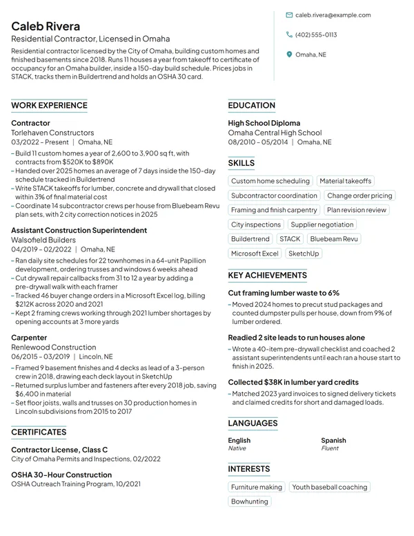 Contractor resume example