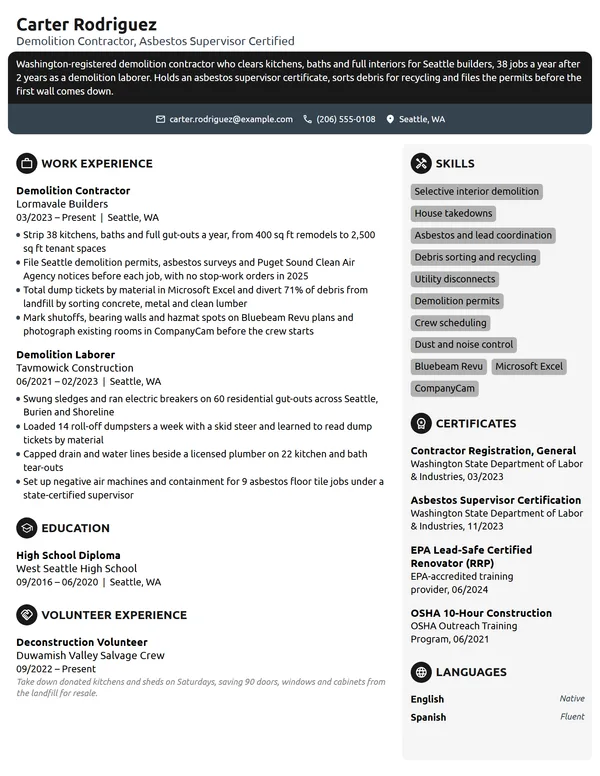 Demolition Contractor resume example