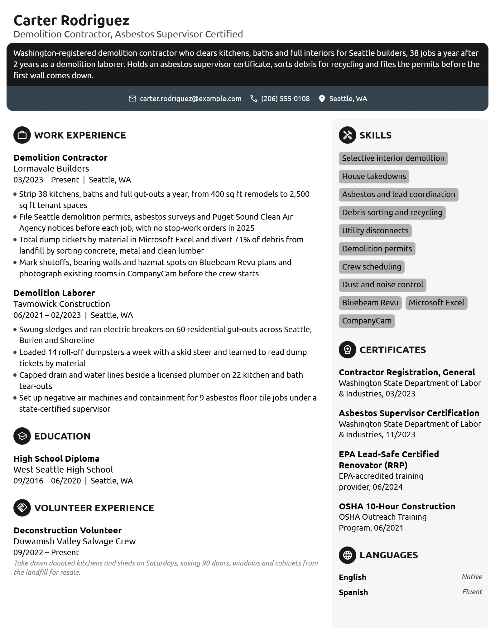 Demolition Contractor resume example