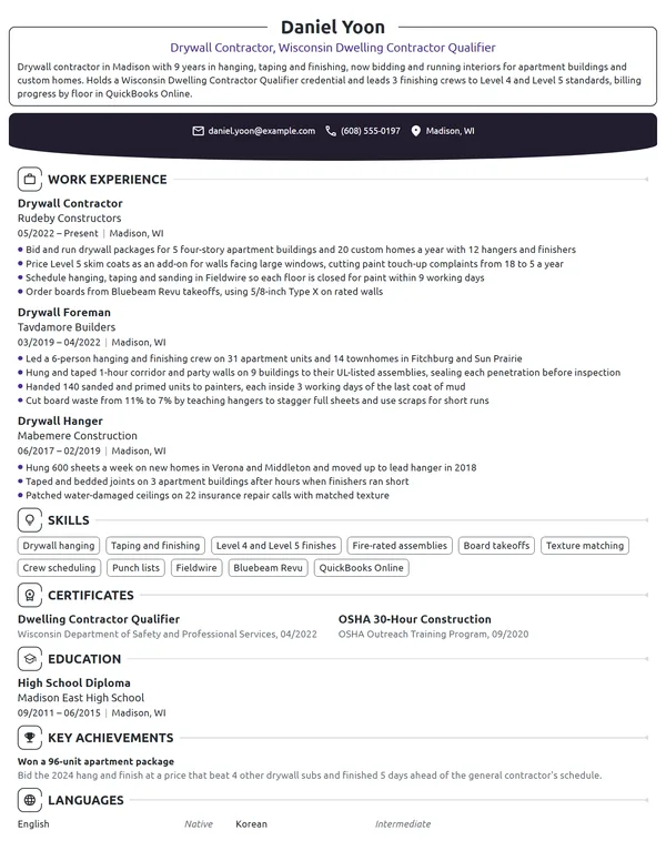 Drywall Contractor resume example