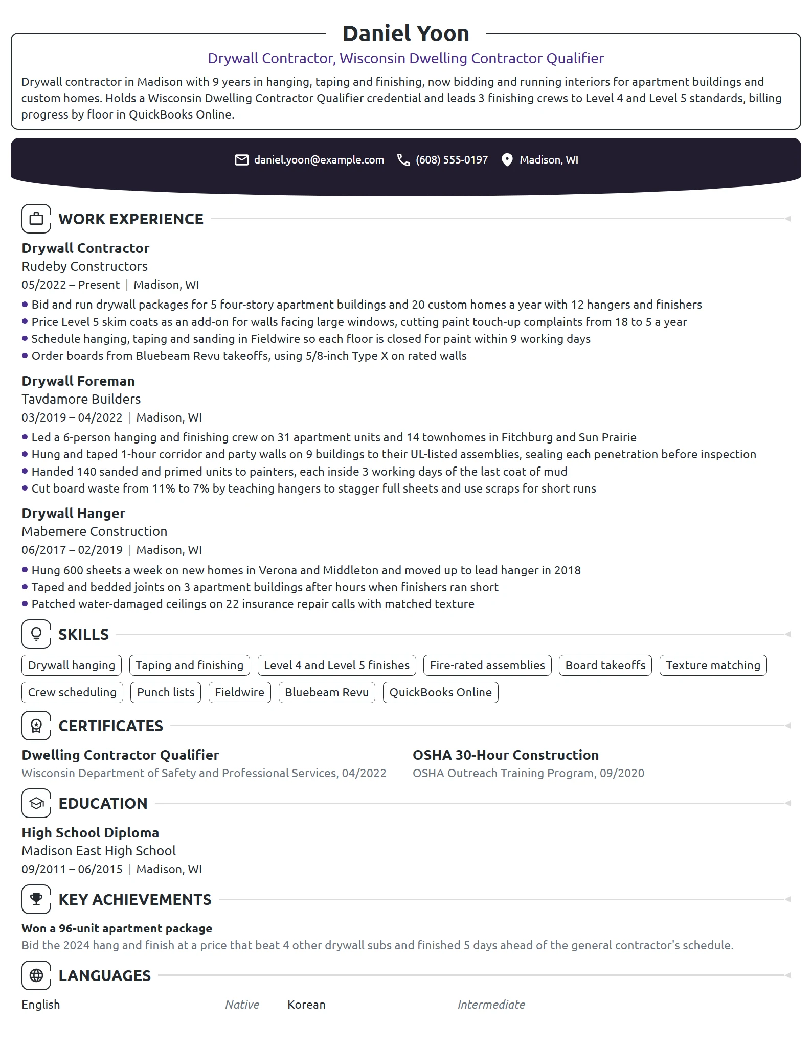 Drywall Contractor resume example