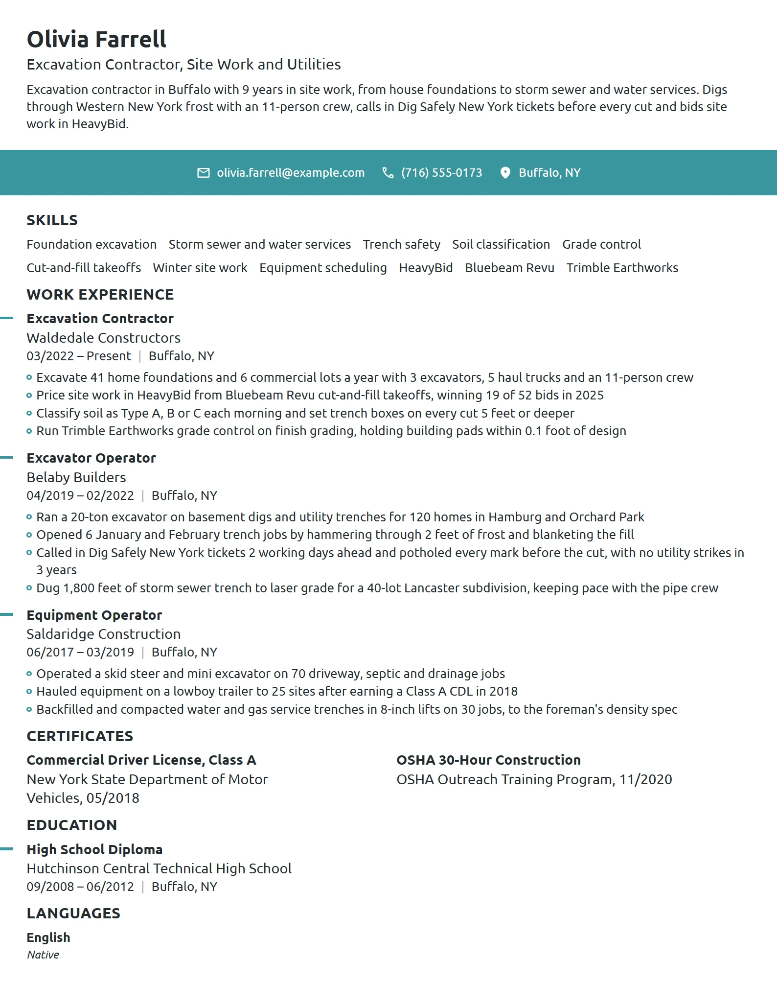 Excavation Contractor resume example