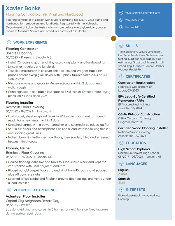 Flooring Contractor resume example