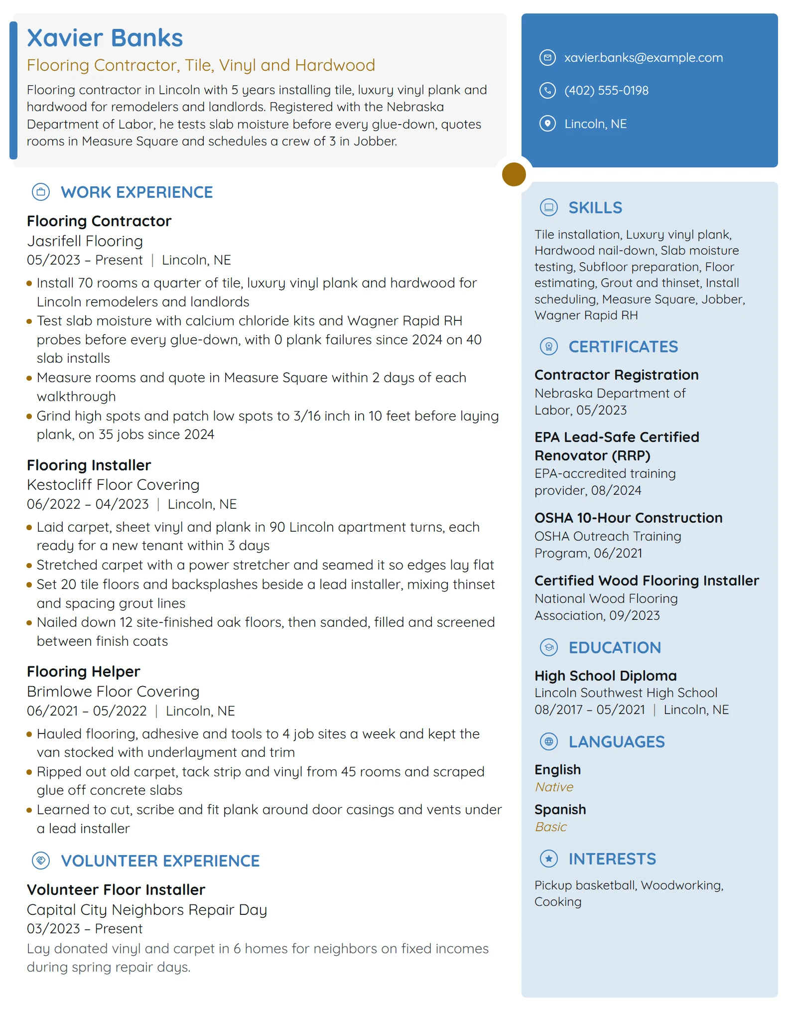 Flooring Contractor resume example