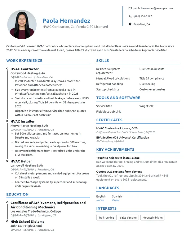 HVAC Contractor resume example