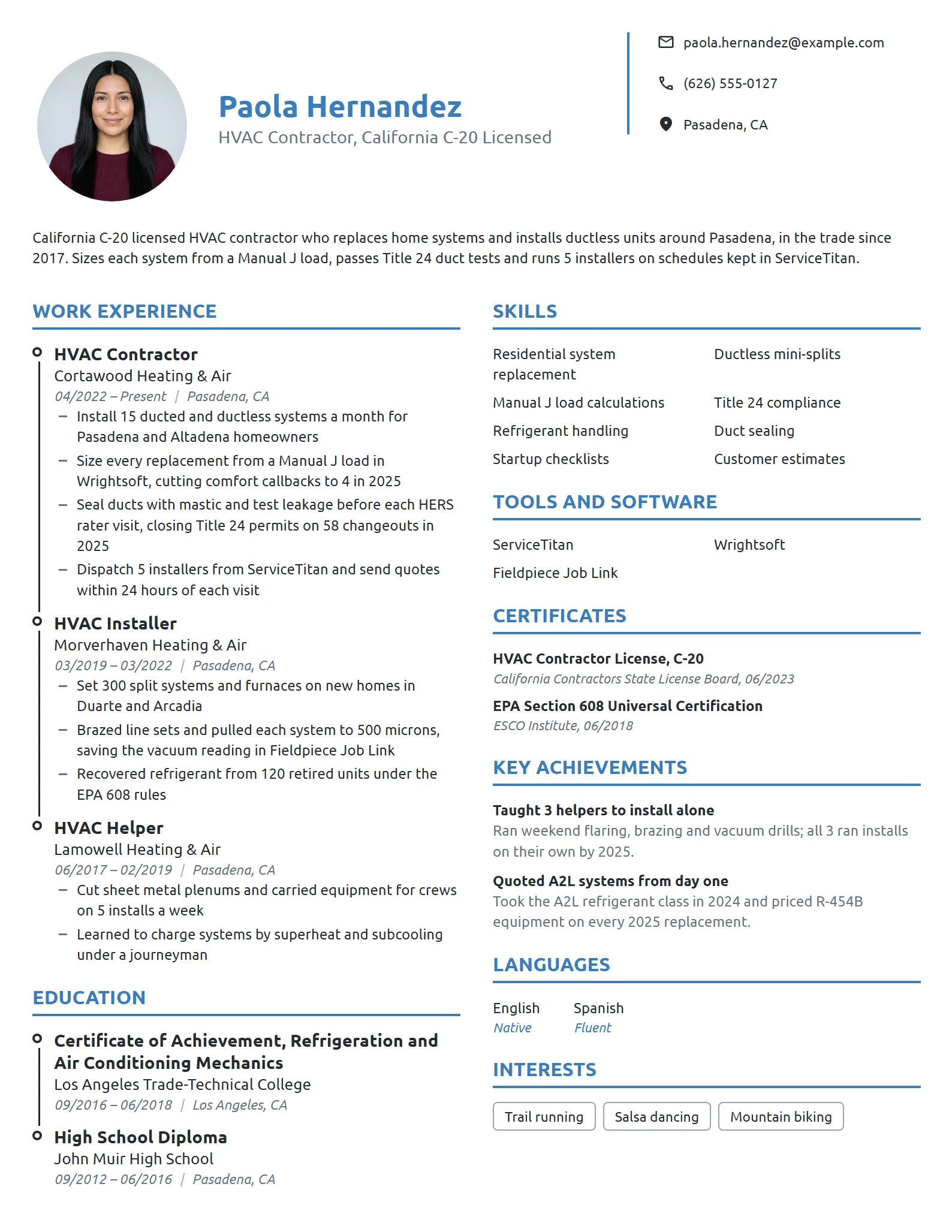 HVAC Contractor resume example