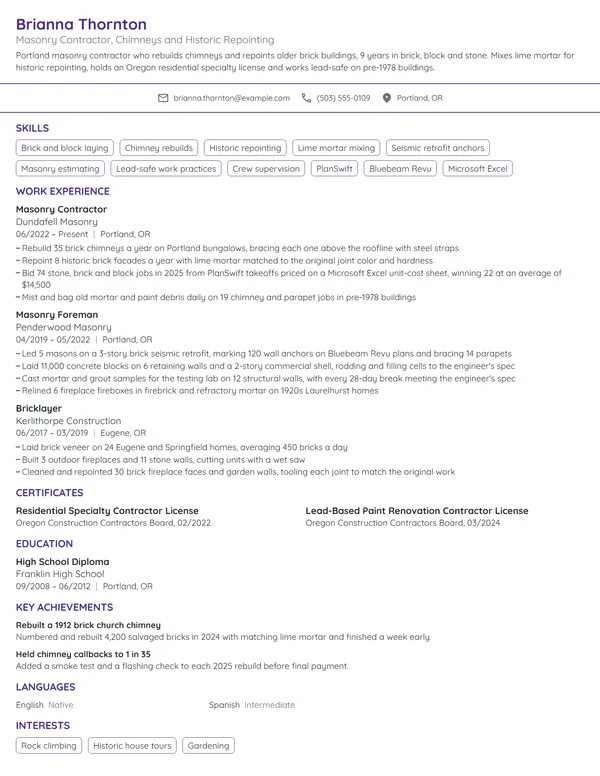 Masonry Contractor resume example
