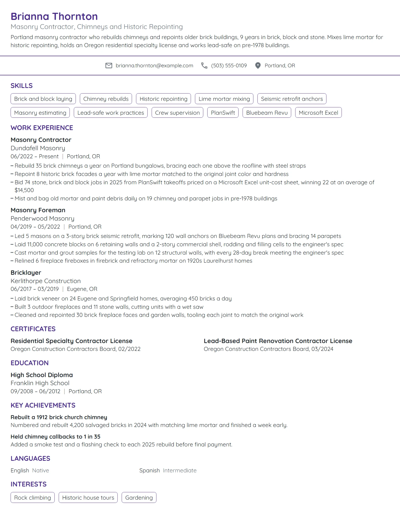 Masonry Contractor resume example