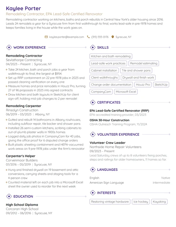 Remodeling Contractor resume example
