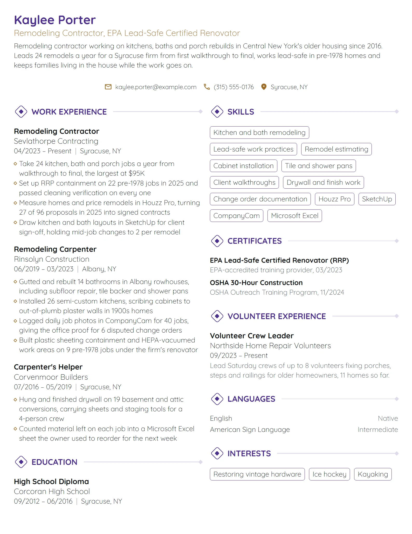 Remodeling Contractor resume example