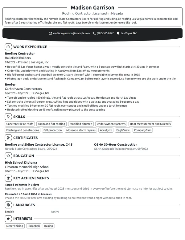 Roofing Contractor resume example
