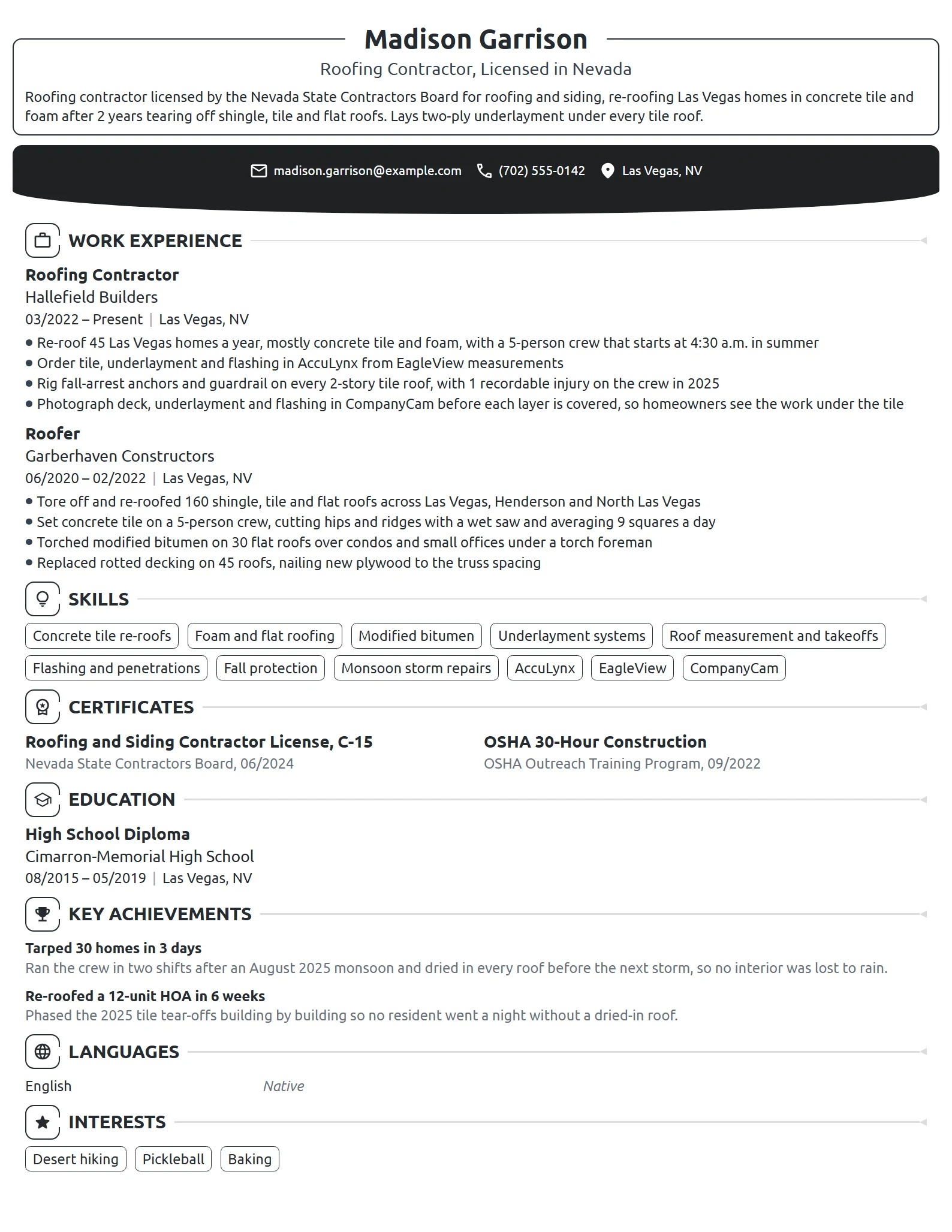 Roofing Contractor resume example