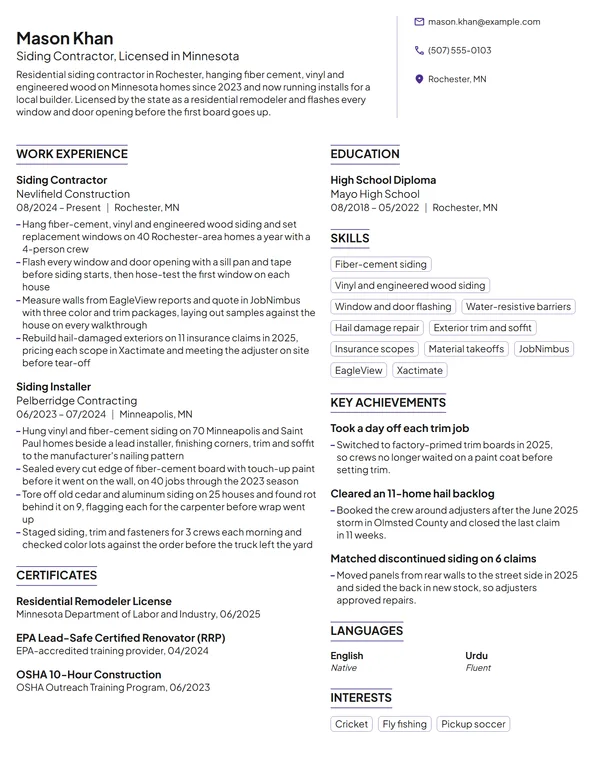 Siding Contractor resume example
