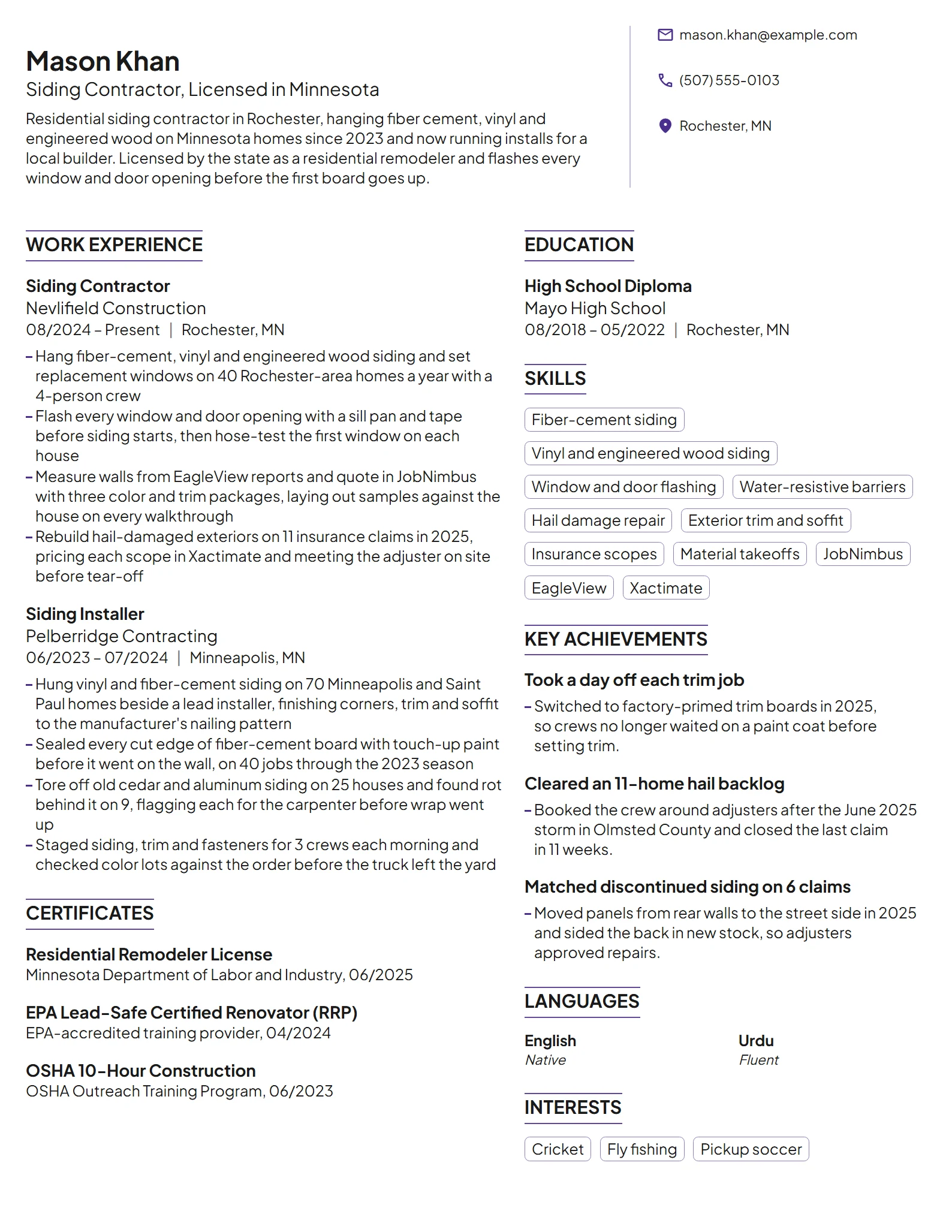 Siding Contractor resume example