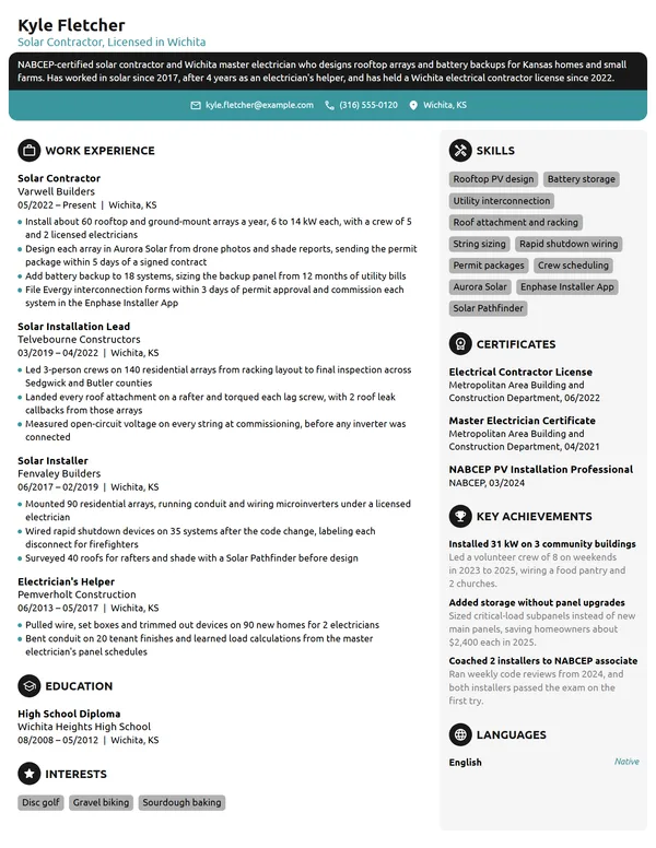 Solar Contractor resume example