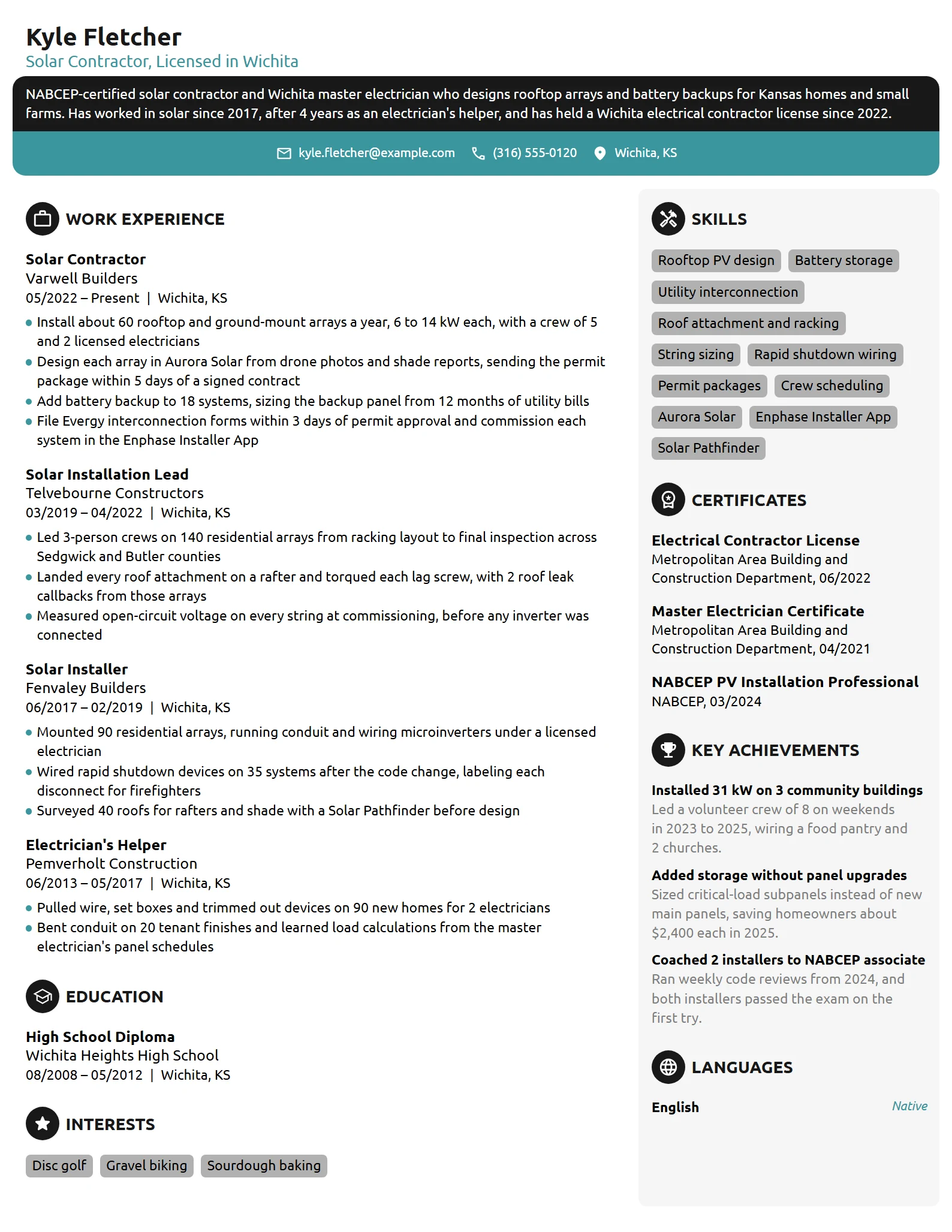 Solar Contractor resume example