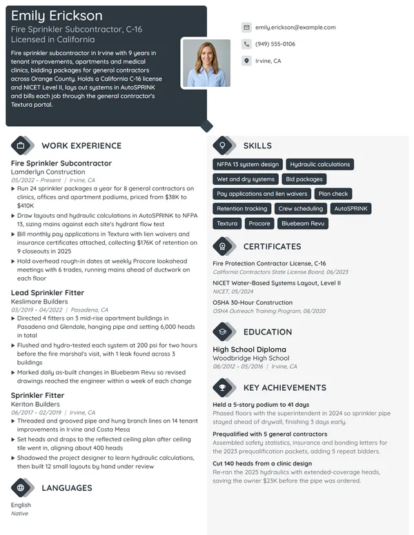Subcontractor resume example