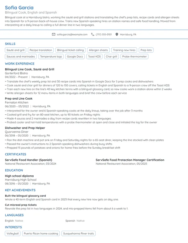 Bilingual Cook resume example
