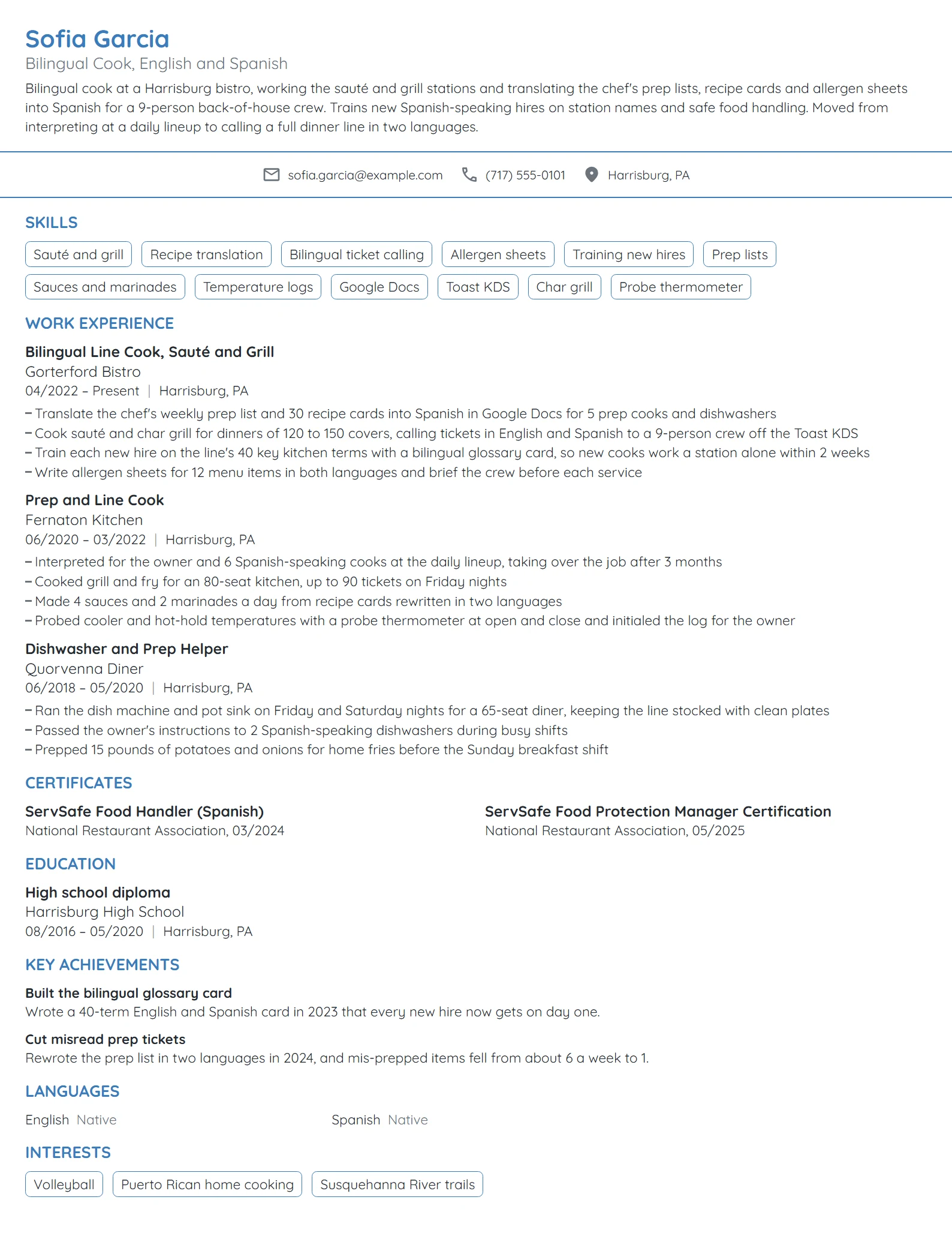 Bilingual Cook resume example