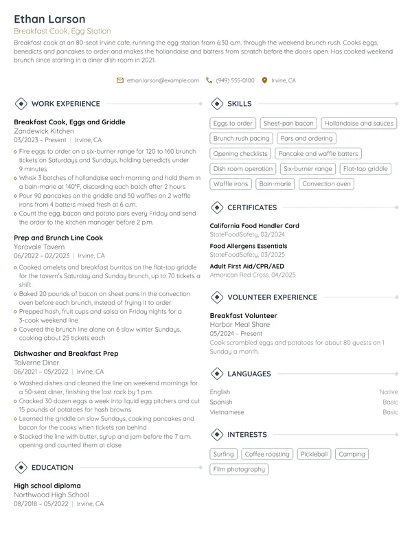 Breakfast Cook resume example