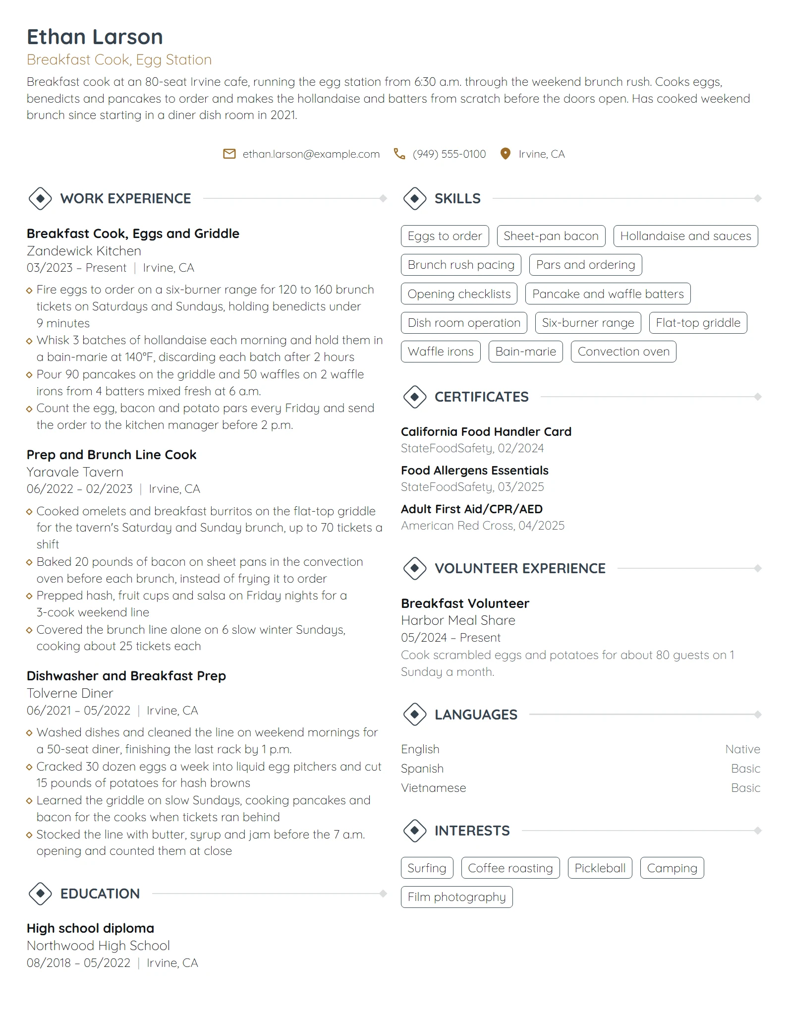Breakfast Cook resume example
