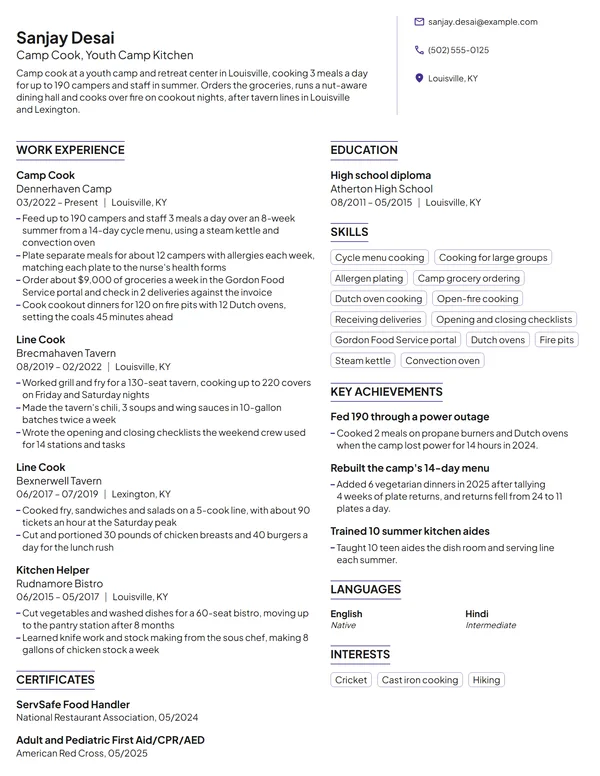 Camp Cook resume example