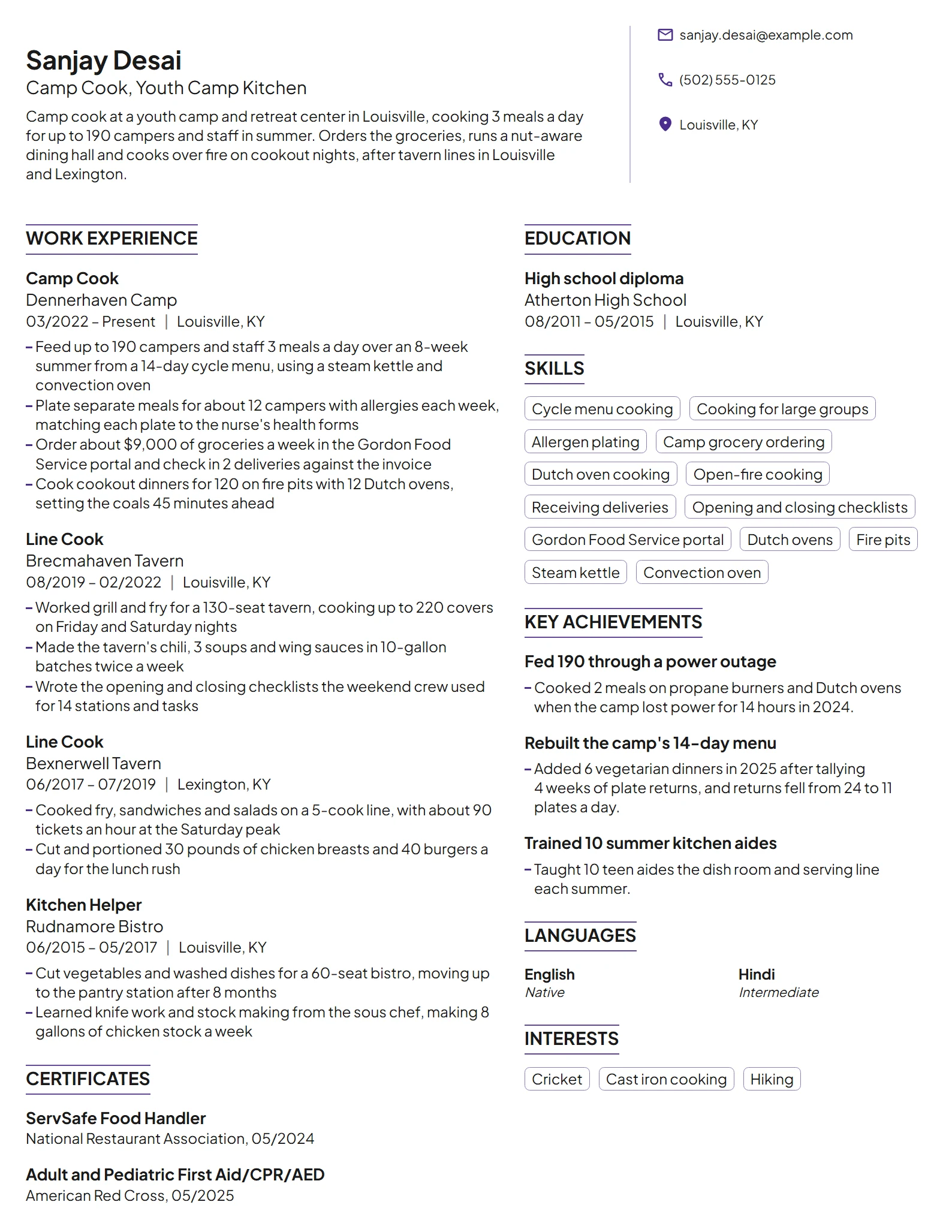 Camp Cook resume example