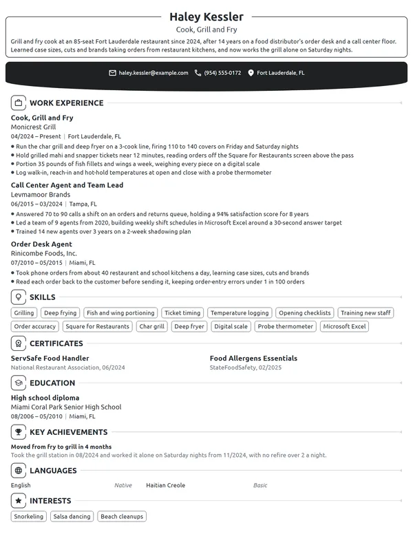 Career Change Cook resume example