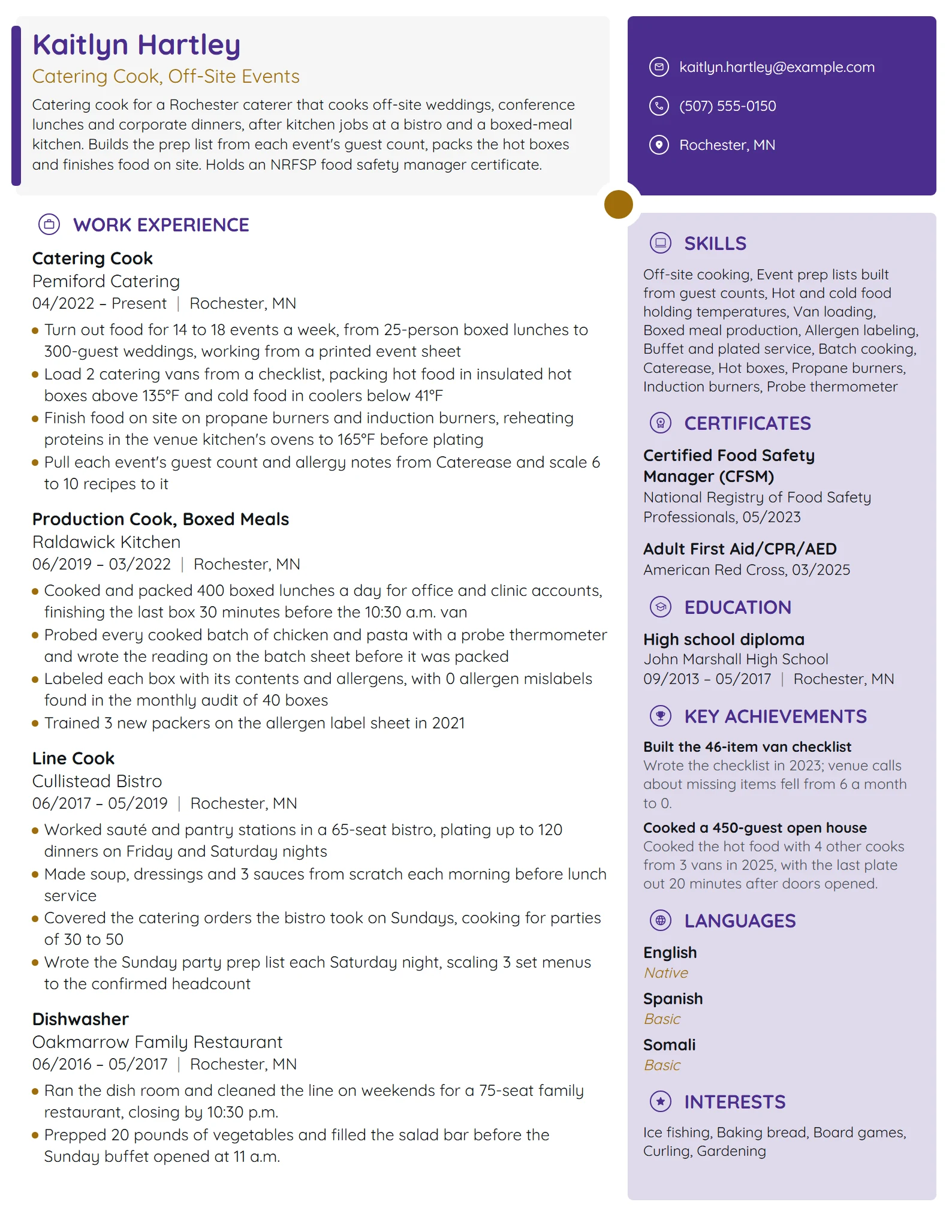 Catering Cook resume example