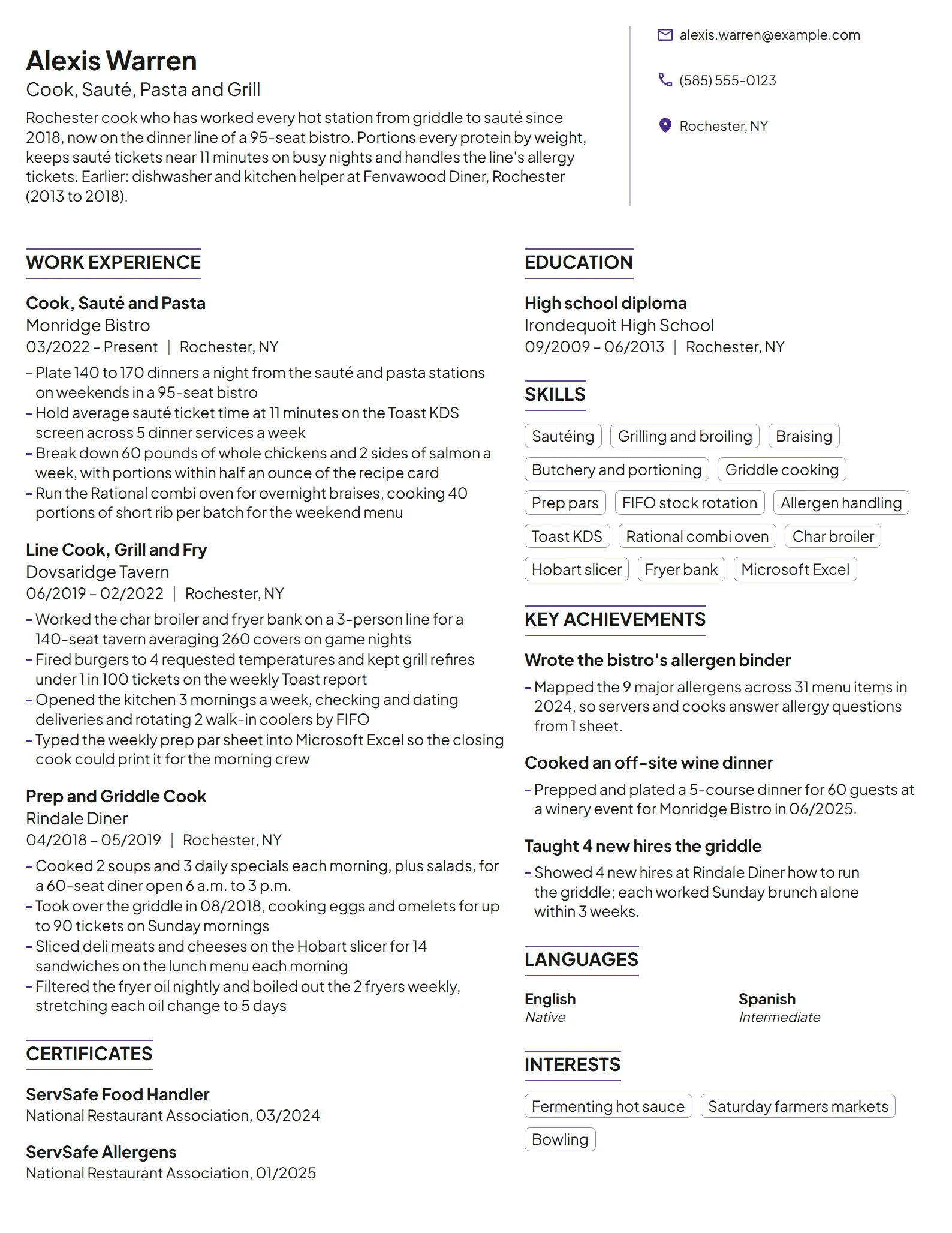 Cook resume example