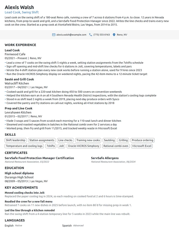 Lead Cook resume example