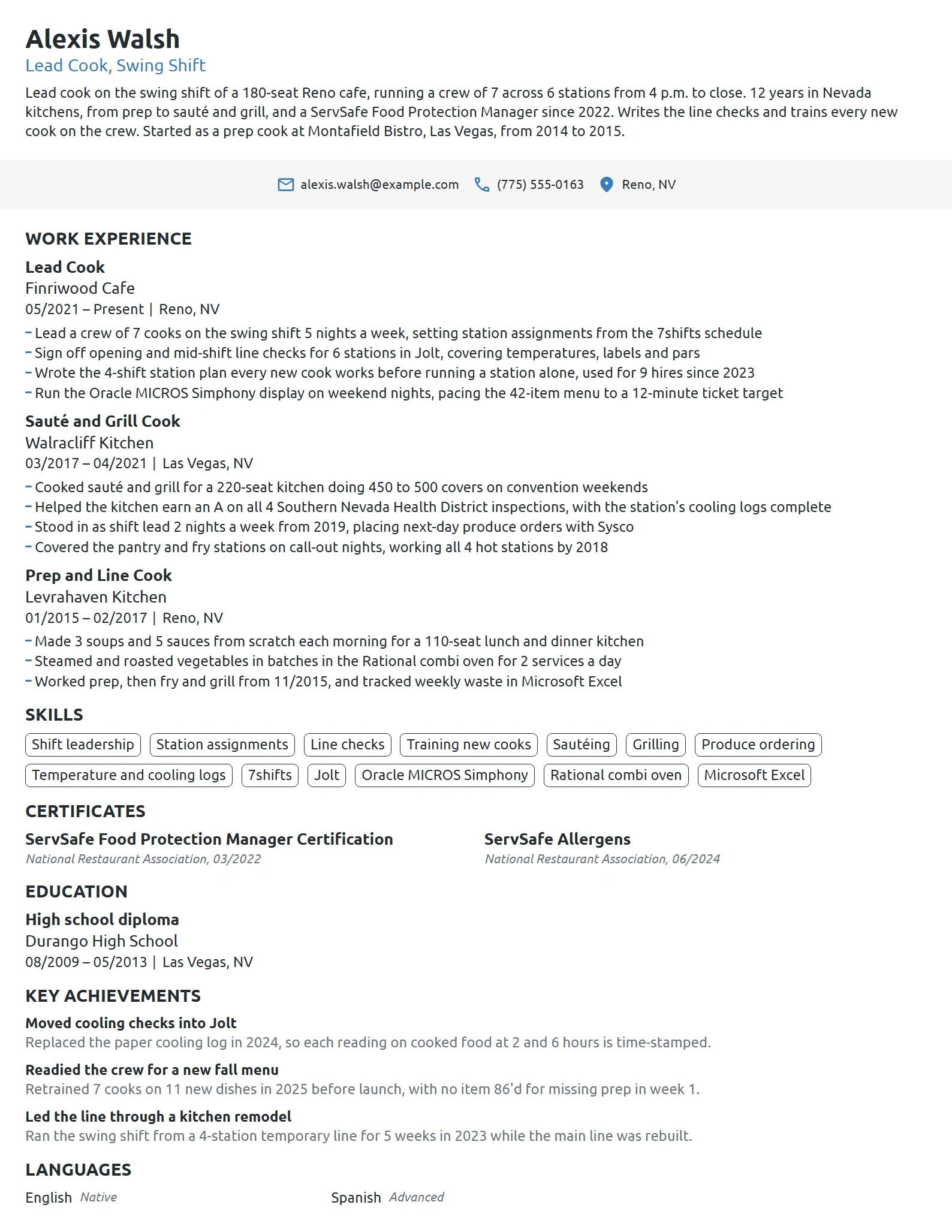 Lead Cook resume example