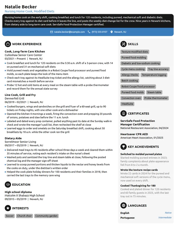 Nursing Home Cook resume example