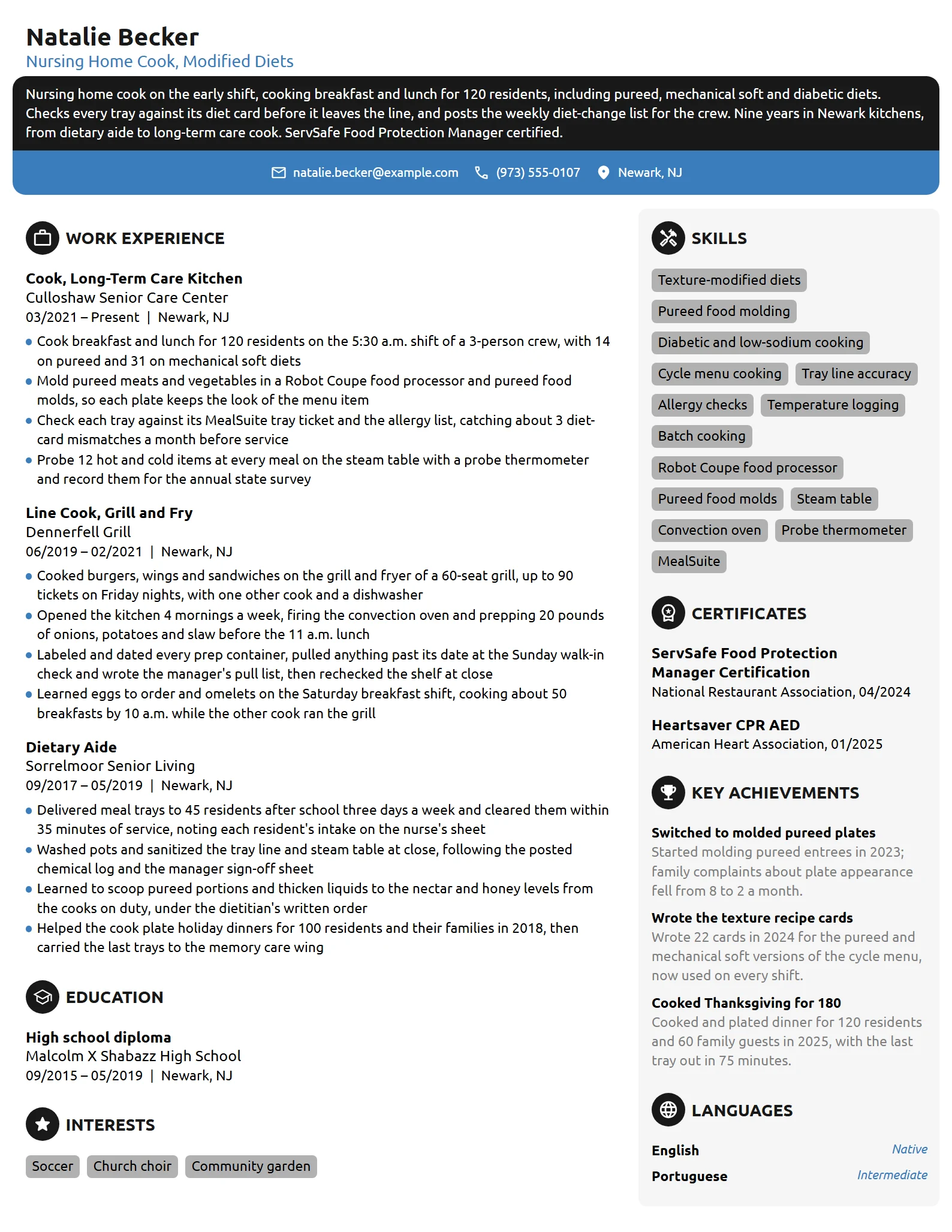 Nursing Home Cook resume example