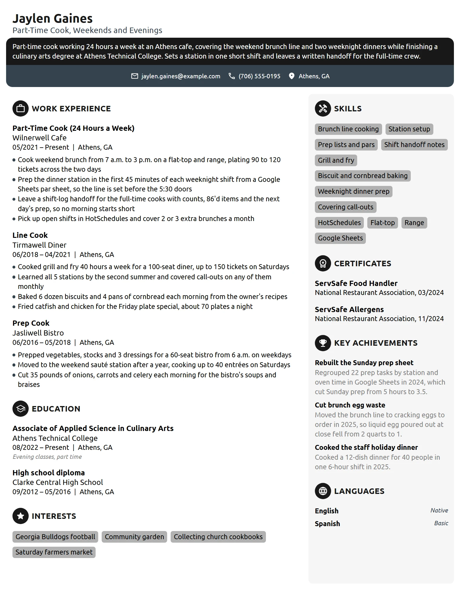 Part-Time Cook resume example