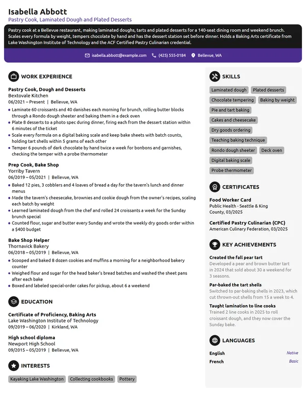 Pastry Cook resume example