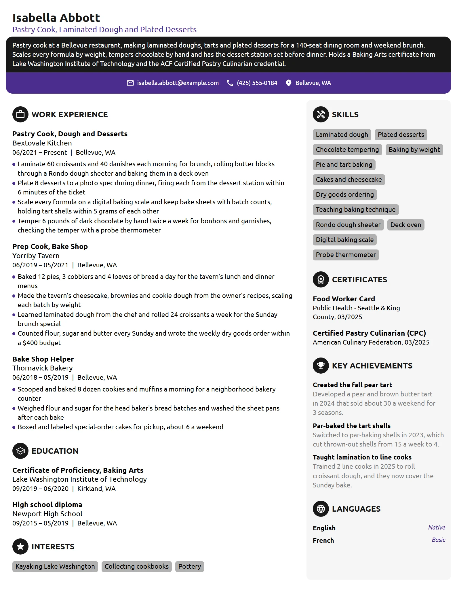 Pastry Cook resume example