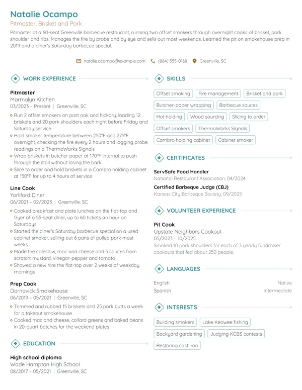 Pitmaster resume example
