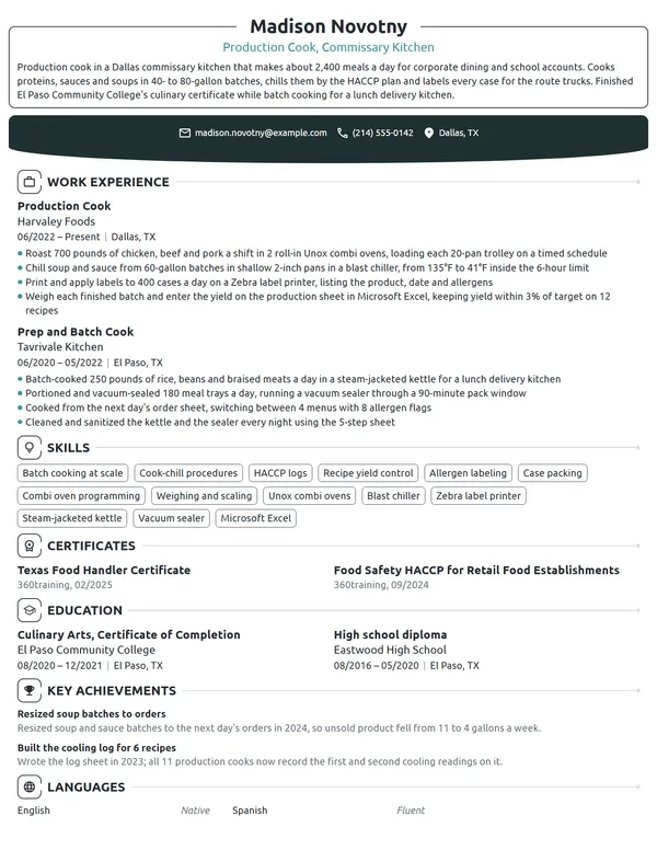 Production Cook resume example