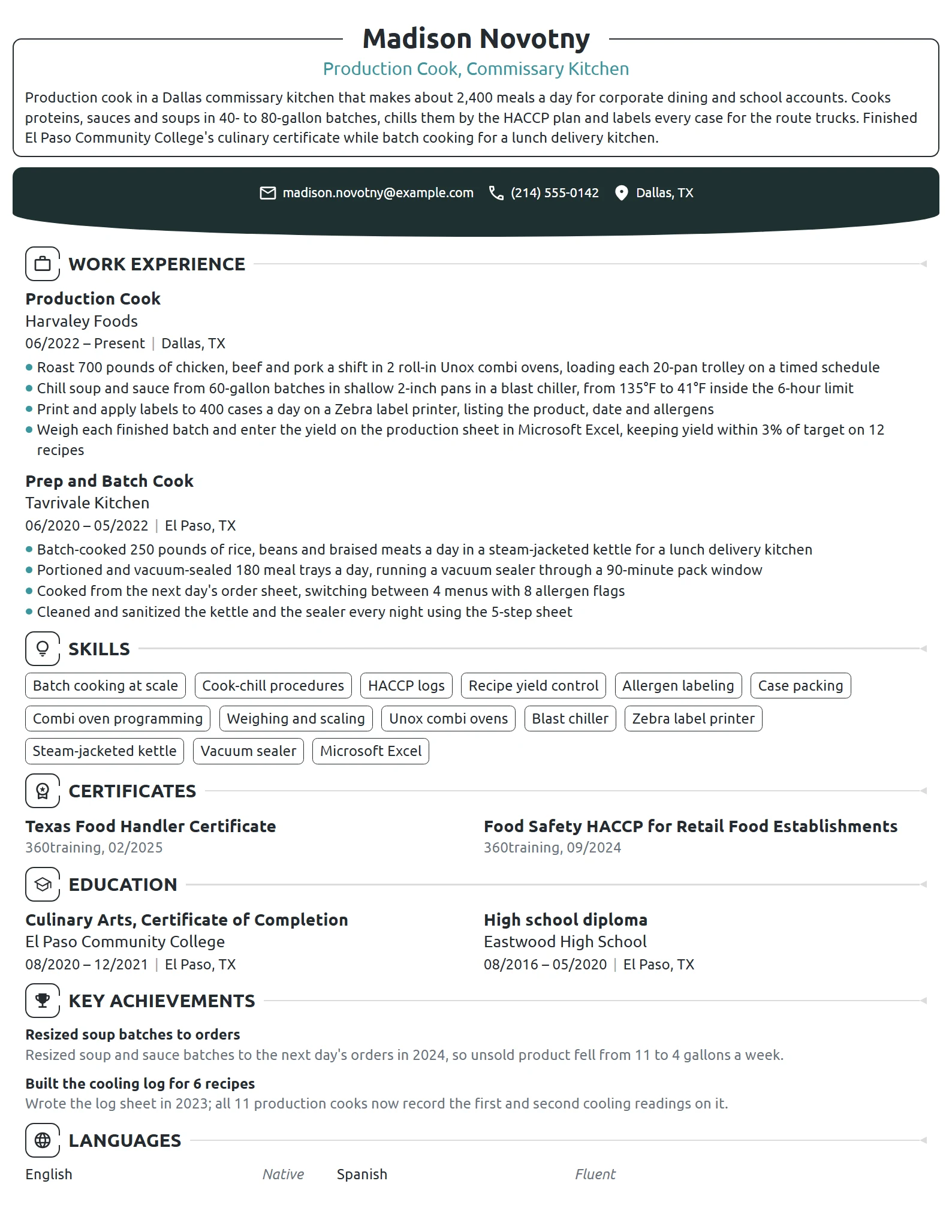 Production Cook resume example